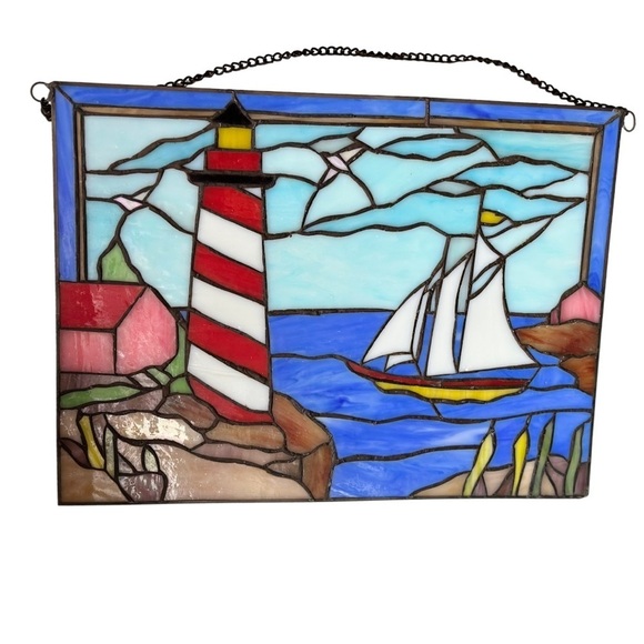 Hanging Rectangle Stained Glass Sailboat Lighthouse Nautical Harbor Scene 16x12” - Picture 3 of 11